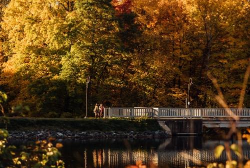 Students crossing the Lower Pond bridge in fall.
