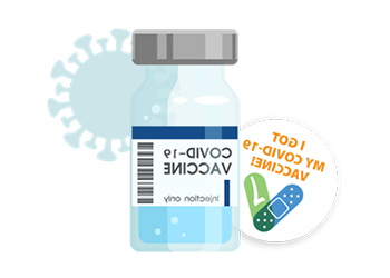 Illustration of a bottle of the COVID-19 vaccine and a sticker that says "I got my COVID-19 vaccine!"